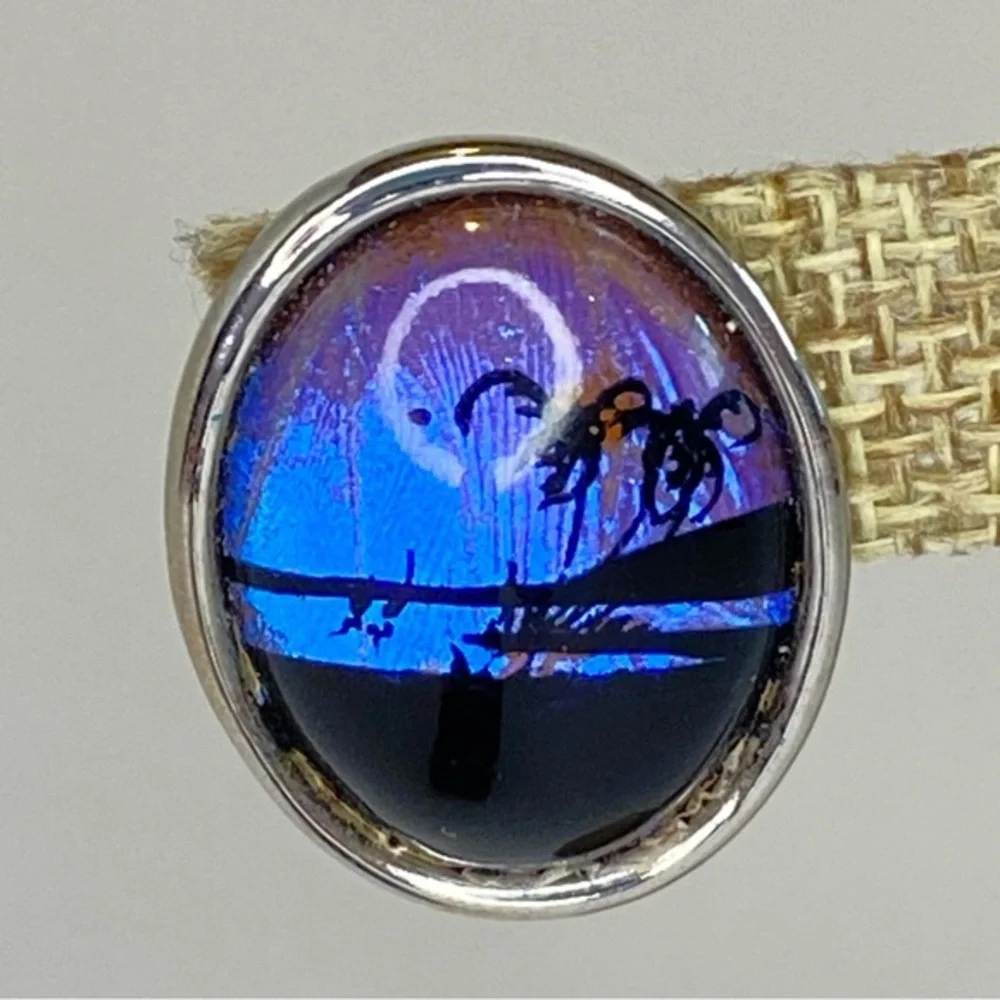 Vintage Reverse Painted‎ Butterfly Wing Earrings Tropical Scene Clip On Jewelry